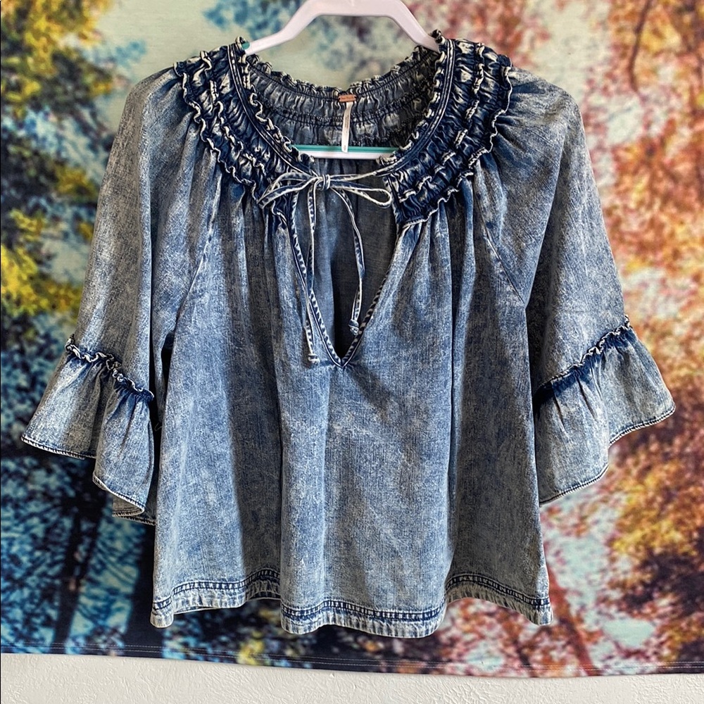 Free People Blue Ruffled Blouse with Tie Front